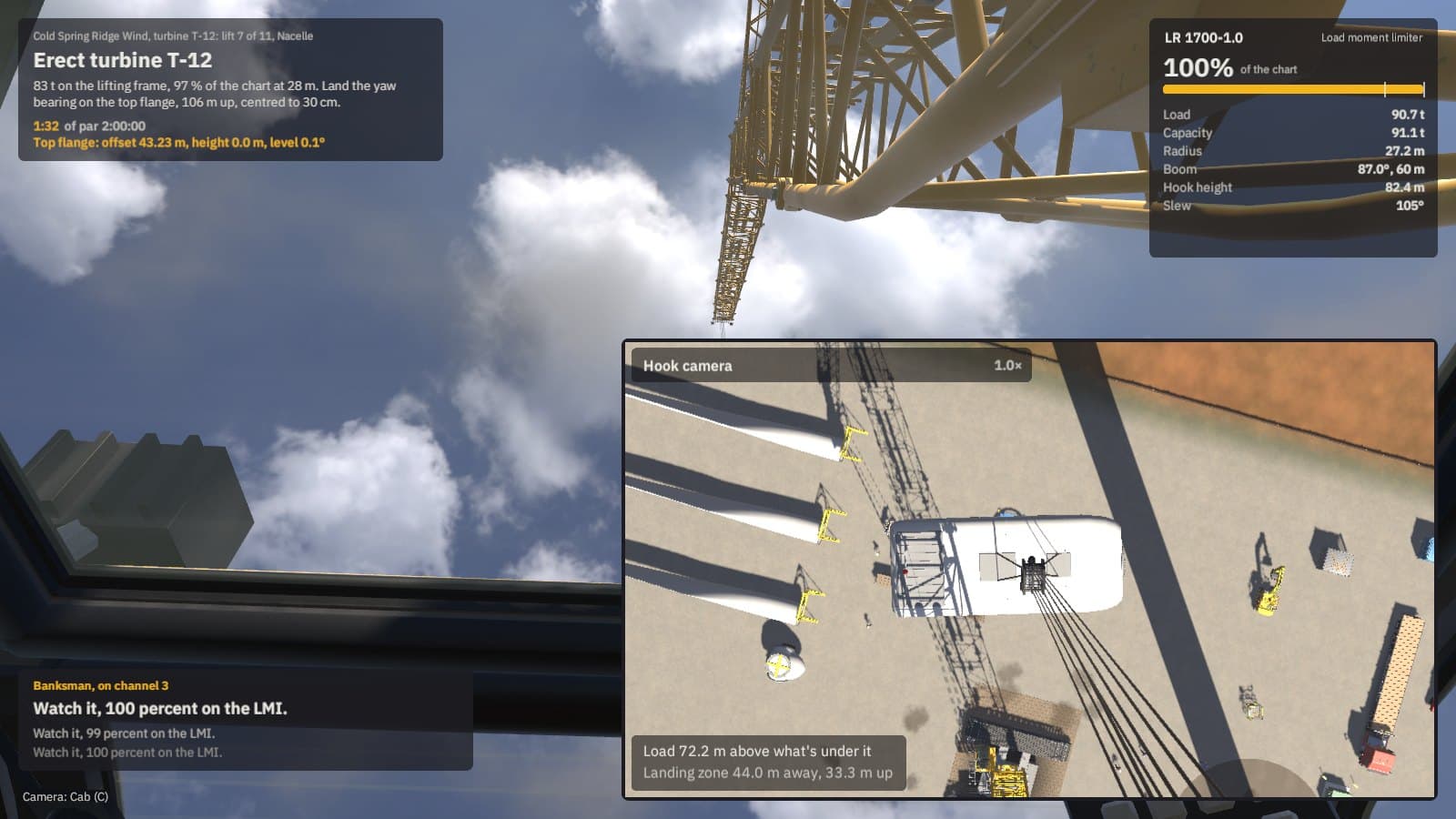 The LR 1700's cab at the wind farm, with the hook camera on the nacelle