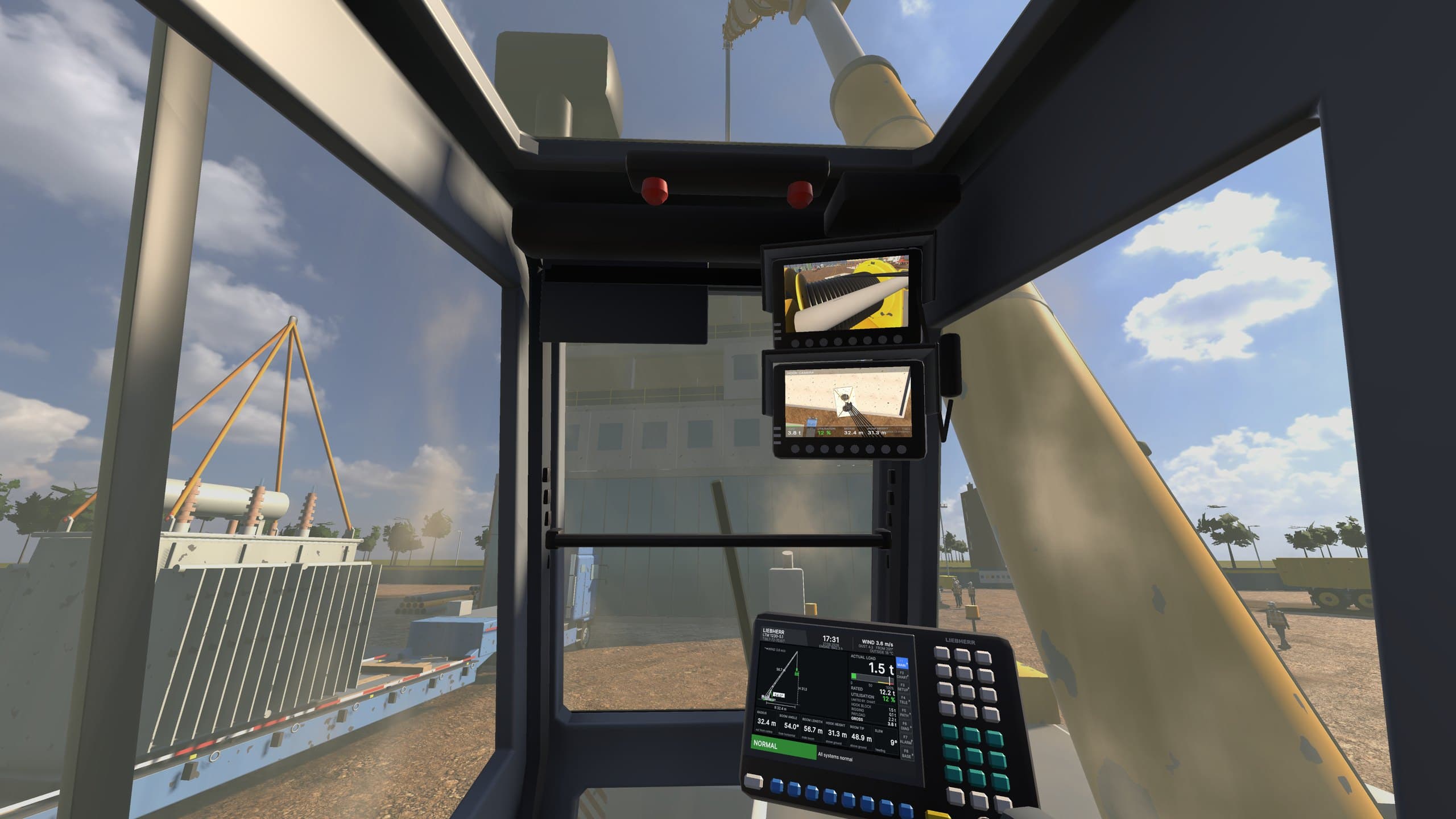 The all-terrain's cab with its limiter screen and camera monitor