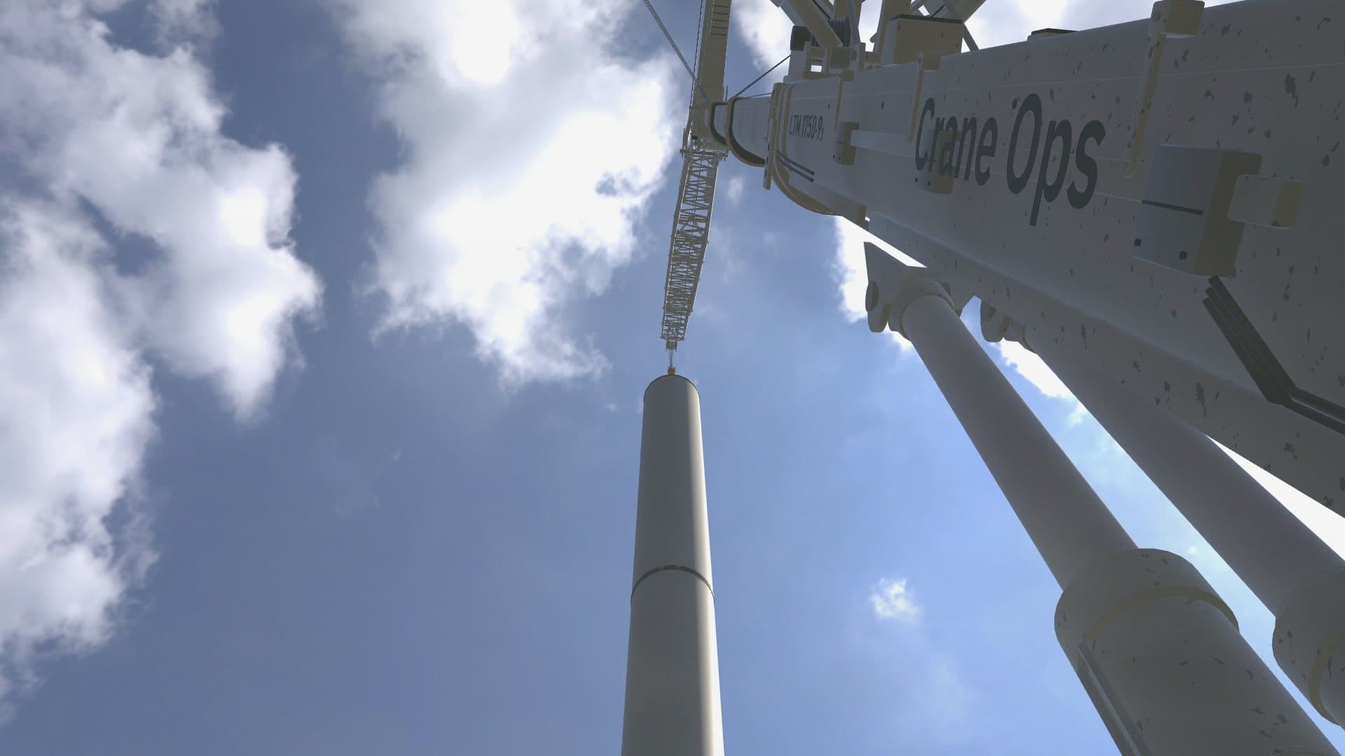 From the LTM 1750's cab: a tower section going up past the boom