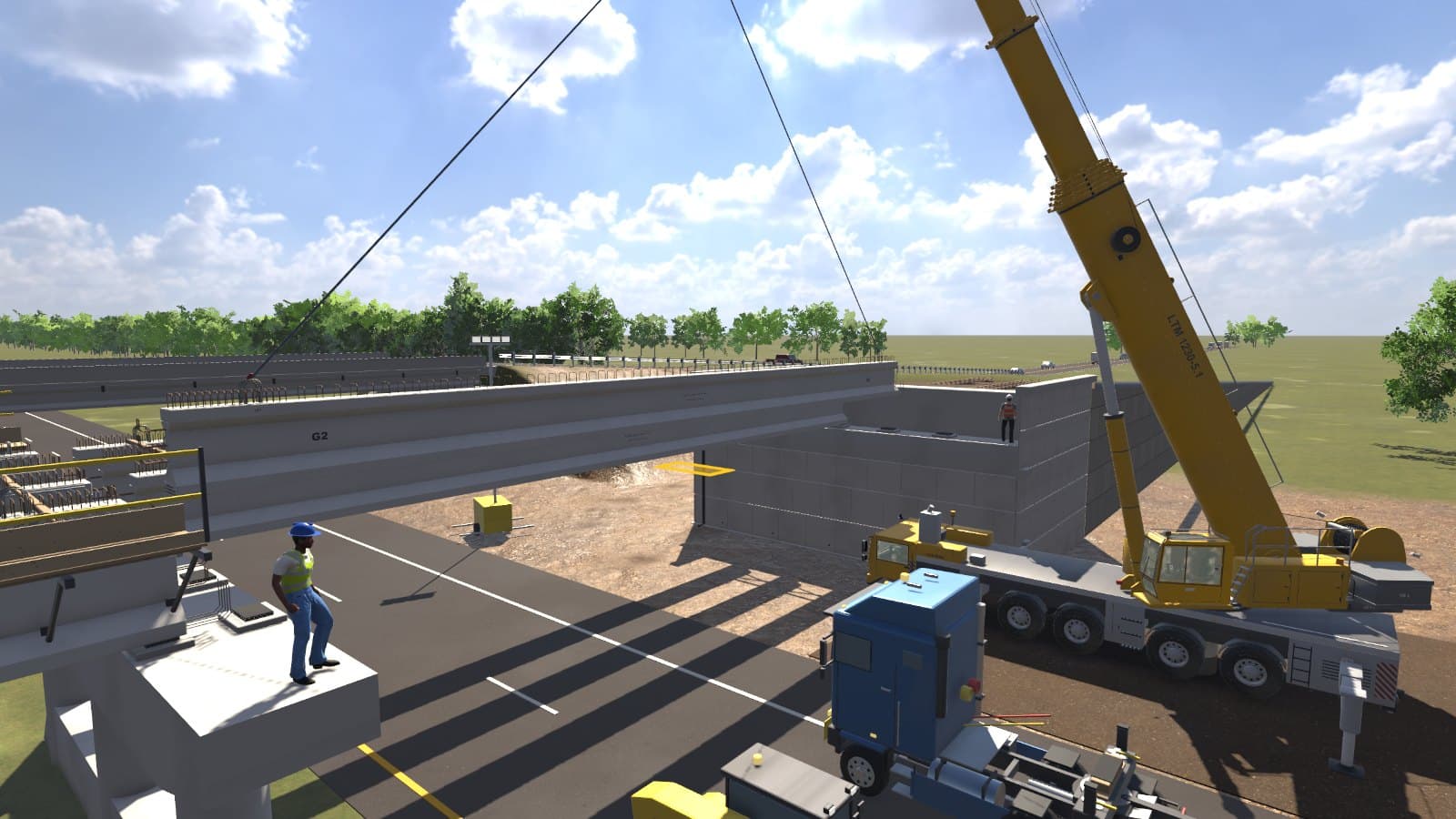 A precast girder being set over the highway at Mill Road