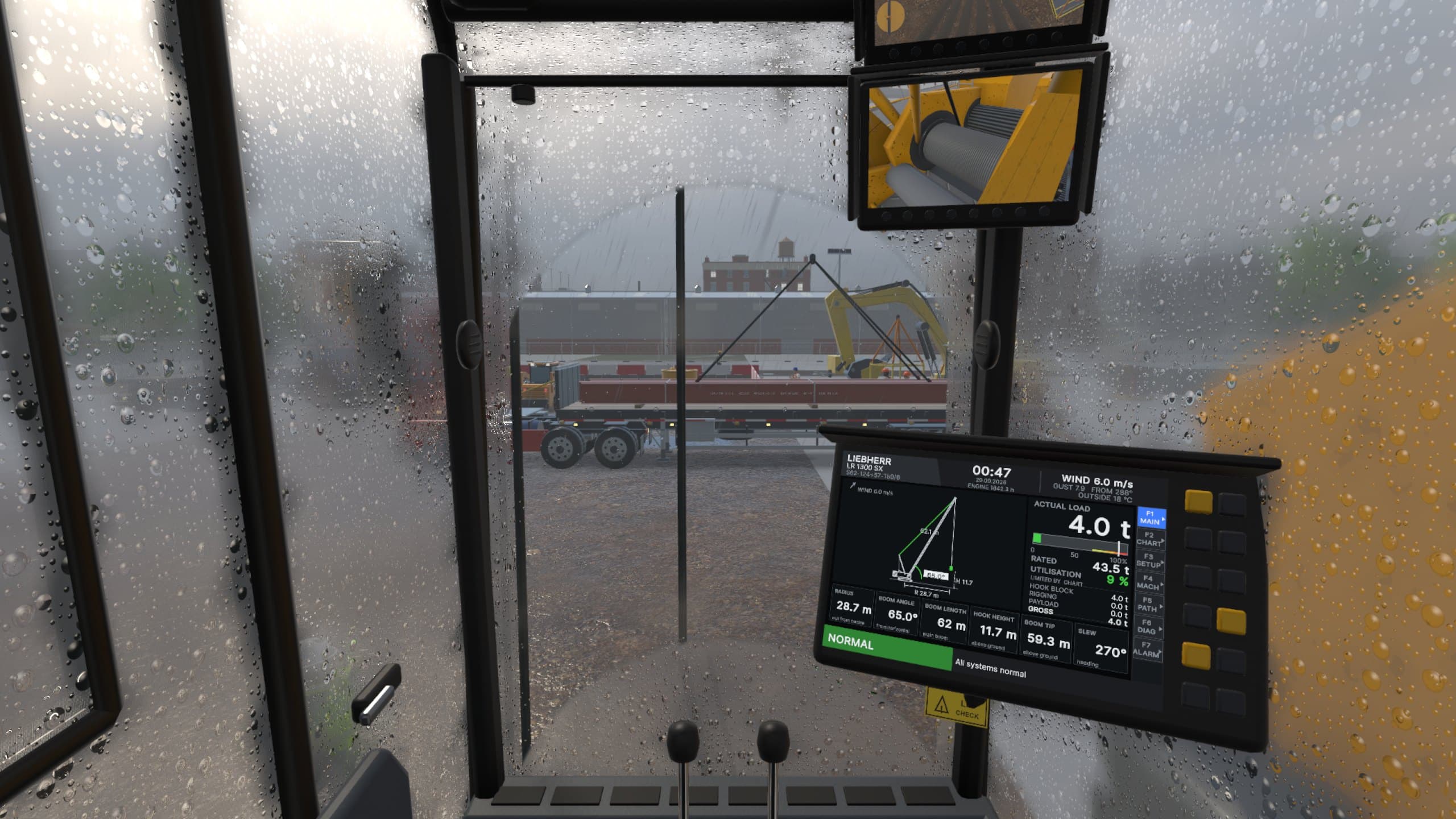 Rain on the cab glass, the limiter screen glowing