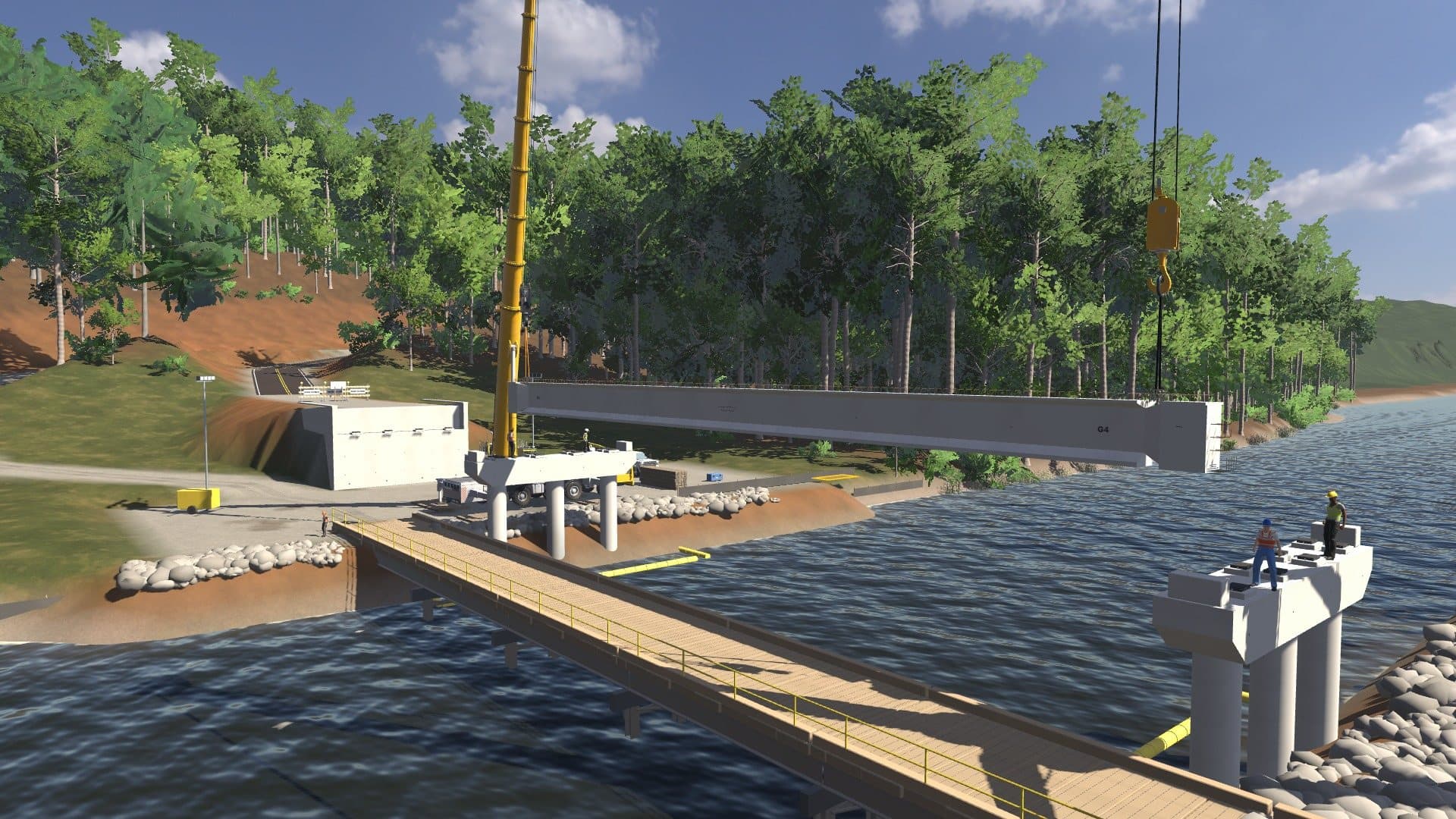 A bridge beam in the air over a river, a site that's still being built